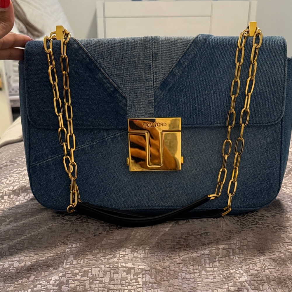 Tom Ford Large T-Clasp Denim Shoulder Bag with Gold Chain